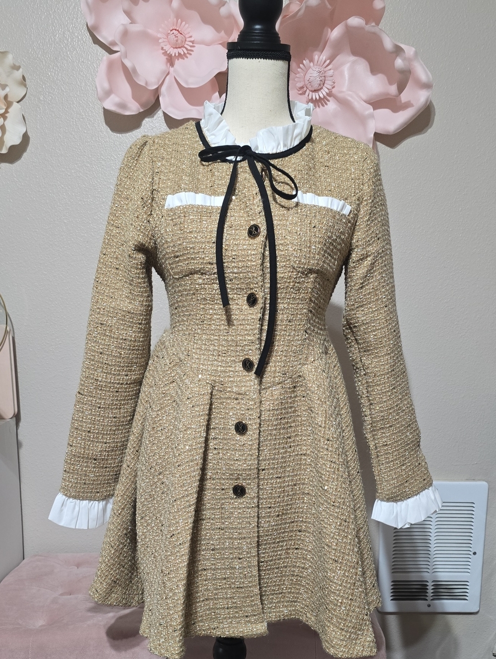 Women's Tan Tweed Fit-and-Flare Dress with White Ruffle Trim
